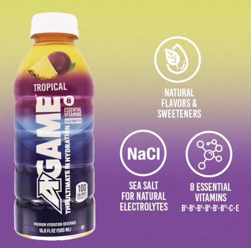 A-GAME Sports Drink, Tropical, The Ultimate Hydration Sports Beverage for Athletes, 8 Essential Vitamins including B, C, & E plus Natural Sea Salt Electrolytes, All Natural Flavors & Sweeteners, Gluten Free, 16.9 Fl Oz (Pack of 12)