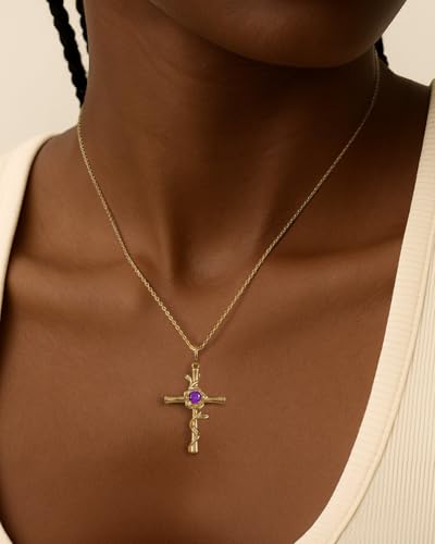 Birthstone Cross Necklace for Women, 14K Gold Plated Rose Flower Pendant, 925 Silver Faith Christian Religious Jewelry Baptism Confirmation Gift Christmas Birthday Present for Her Wife Girlfriend Mom3
