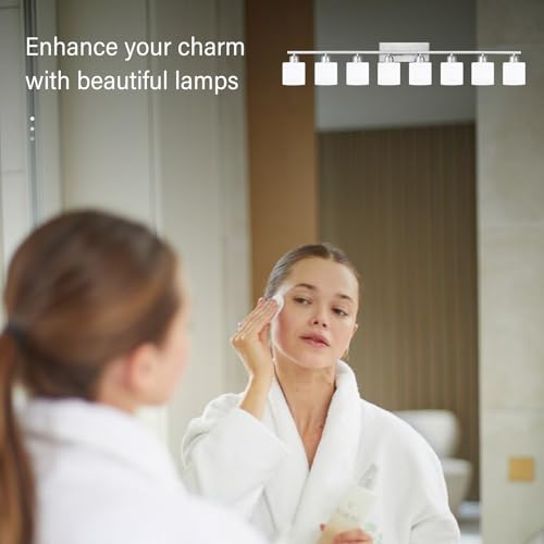 Image of Brushed Nickel Bathrooms Lights for Huge Mirror, 8 Light Anti-Rust Finish with Milky White Frosted Glass Shades, 51 Inch Above Mirror Lights for Bathroom, E26