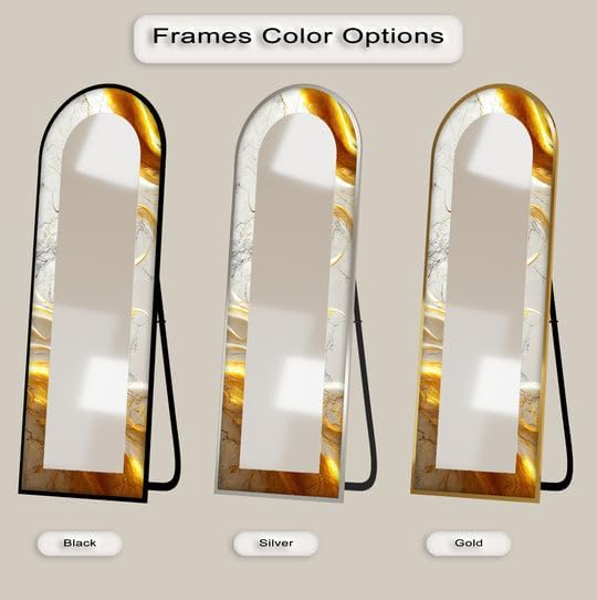 23,5’’W x 67’’H White Marble Glow – Abstract Floor Mirror Arched Full Lenght Mirror - Arch Full Body Stained Floor Mirror with Black Frame with Silver Frame