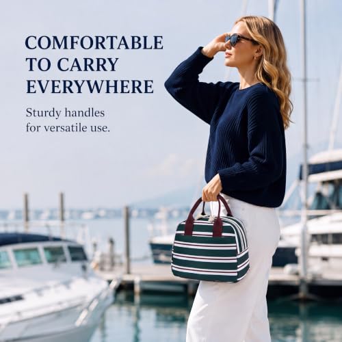Image of LOVELYWIND Lunch Box for Women, Insulated Lunch Bag, Green Striped Tote
