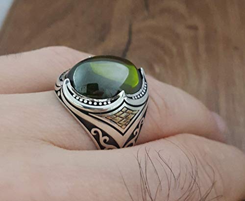 Handmade 925K Sterling Silver Mens Ring With Cubic Zircon Peridot Color Stone Rp26 #TOP4