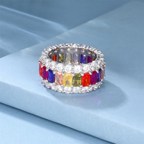 MDFUN 18K White Gold Plated Halo Wedding Ring Eternity Band for Women, Sparkling Colorful Cubic Zirconia Rings Size 5-103