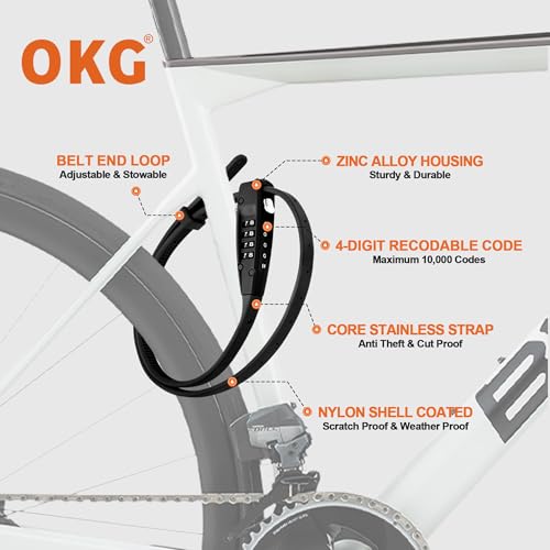 OKG 4-Digit Combination Zip Tie Lock - 2.3 Foot Extended Stainless Steel Adjustable Cable Lock with Anti-Scratch Protection- Secure Bikes, Helmets, Skis, Kayak, Luggage, and Fence Gate Doors (Black) - Thumbnail 2