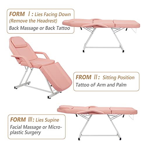 Omysalon Massage Salon Tattoo Chair Esthetician Bed With Upgraded Hydraulic Stool,Multi-Purpose 3-Section Facial Bed Table, Adjustable Beauty Barber Spa Beauty Equipment, Pink #TOP1
