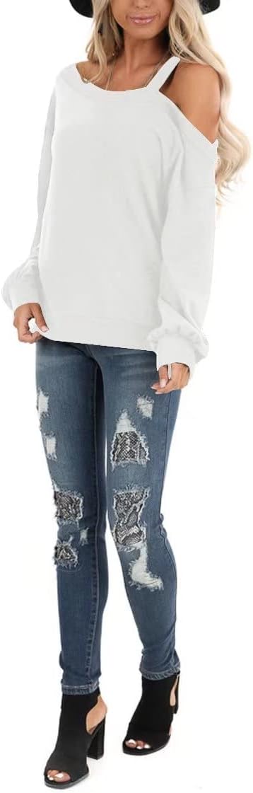 Ezbelle Womens Sweaters Oversized Long Sleeve Cold Shoulder Tops Shirt Tunic Sweatshirt - Image 4