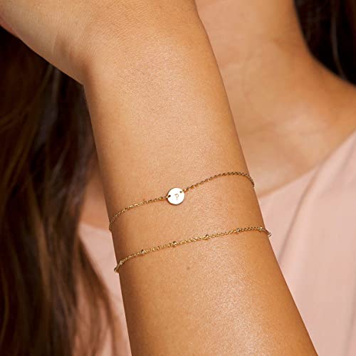 Initial Bracelets For Women 14K Gold Plated Dainty Layered Link Bead Bracelet Personalized Coin Alphabet Letter Q Bracelet For Teen Girls Unique Anniversary Christmas Birthday Gifts For Best Friend Bestie Female Her #TOP1