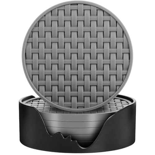BANGKEE Gray Silicone Coasters with Holder, 4 Inches Non-Slip Heat Resistant Cup Mats, Decorative Waterproof Round Coaster Set of 6 for Home, Kitchen, Office, Bar, Coffee Table