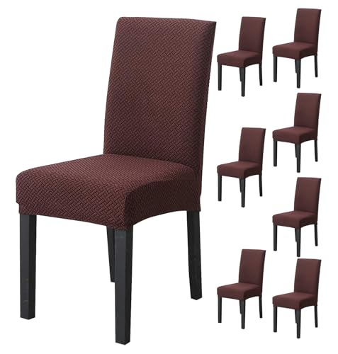 Image of House of Quirk Elastic Jacquard Chair Cover Stretch Removable Washable Short Dining Chair Cover Protector Seat Slipcover (Pack of 8, Dark Brown)