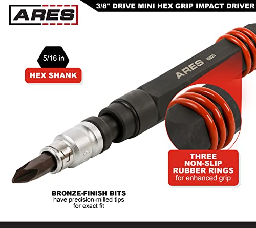 Ares 10025-3/8-Inch Drive Mini Hex Grip Manual Reversible Impact Driver – S2 Bits – Slotted 1/4, & 5/16 Bits - Phillips Ph2 & Ph3 Bits – 5/16 Slotted And Ph2 Phillips Extra Long Bits #TOP2