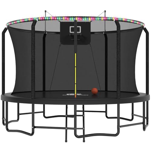 Image of ACWARM HOME Trampoline Outdoor 8FT 10FT 12FT 14FT 15FT 16FT Trampoline with Basketball Hoop and LED Lights, Recreational Trampolines for Kids and Adults with Enclosure Net & Ladder, ASTM Approved