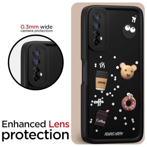 Image of Bintage Cute Fun Ball | Taddy Cartoon 3D Smiley Coffee Cup | Milk Donut | Full Camera Protection Back Cover Compatible for Realme RMX2156 / Narzo 30 4G - Black