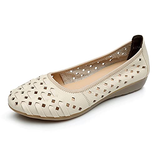 LUXINYU Women's Slip on Flats,Round Toe Hallow Flat Shoes, Soft Comfortable Cowhide Soft-Soled Flats Beige