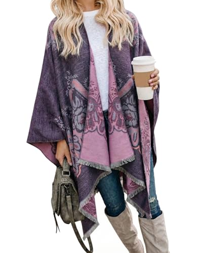 Image of Bestshe Women's Boho Open Front Poncho Plaid Shawl Wrap Cape