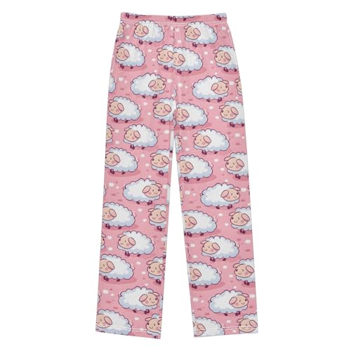 Cute Sheep Sit Cartoon on Pink Background Pajamas Bottoms with Pockets Comfy Pjs Sleepwear Elastic Waistband Pajamas Pants Lounge Pants for 6-14 Years