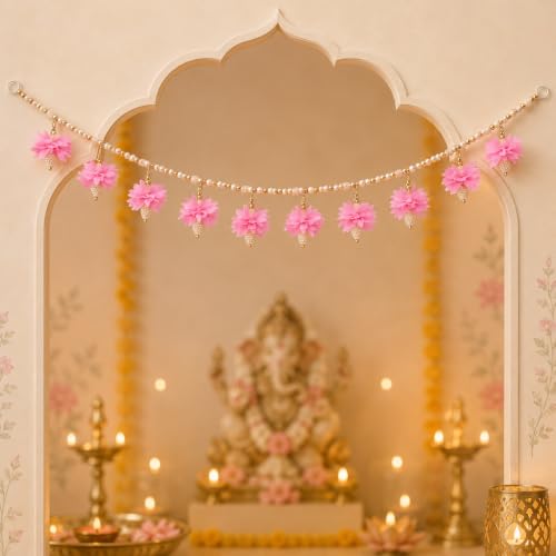 Image of Akaar Decor Floral Pearl Bead Toran with Pink Flower Latkans | Decorative Door Toran for Home Entrance, Mandir & Pooja Room | Diwali Decoration, Wedding & Festive Wall Hanging