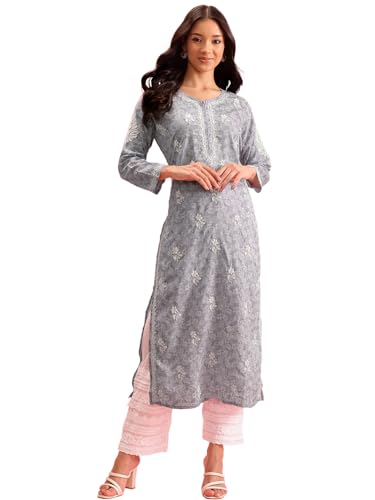 Image of Ada Women's Cotton Straight Fit Straight Hand Embroidered Lucknowi Chikankari Kurta Kurti A411378