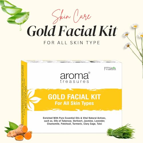 Image of Aroma Treasures Gold Facial Kit (30g /ml) | With 24K Gold Leaf, Turmeric, Lavender & Jasmine Oils | Paraben-Free, Cruelty-Free | Instant Glow, Deep Cleansing & Skin Brightening - For All Skin Types