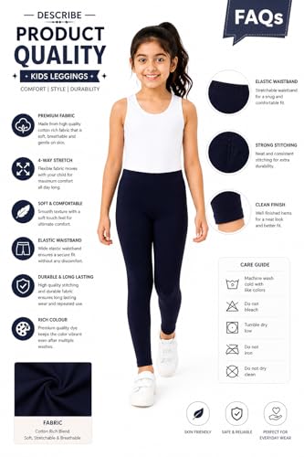 Image of BODYCARE Girls Cotton Stretch Leggings, Elastic Waist Ankle Length Leggings for Kids, Soft