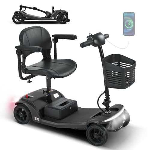 Scooter de movilidad eléctrico para personas mayores, 4 ruedas, 6 km/h, capacidad de carga de 136 kg, autonomía de 15 km, batería extraíble, luz LED, USB, negro
