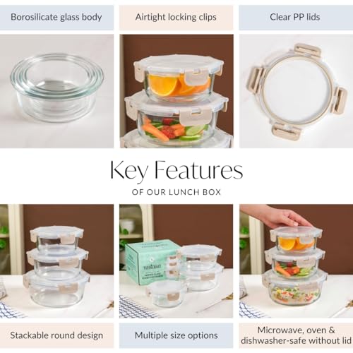 Image of Nestasia Nestro Airtight Glass Containers with Lid Set of 3 (400ml, 600ml, 950ml) | Spill Proof Round Glass Containers with Break Free Lock - Microwave, Dishwasher & Freezer Safe (Beige)