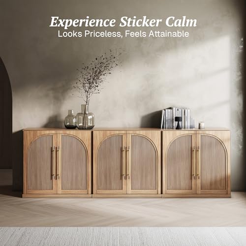 Image of BELLEZE Set of 3 Modular Sideboard with Double-Arc Wood Doors, 97'' Arched Buffet Cabinet with Storage and Adjustable Shelves, Classic Modern Credenza for Living Room Kitchen Entryway (Camel)