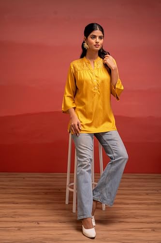 Image of Juniper Mustard Polka Dot Viscose Tunic with Thread Work, Mirror & Button Detailing
