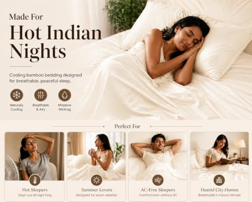 Image of Noare Bamboo Bedsheet Set King Size - Cooling & Breathable Fitted Bedsheet with 2 Pillow Covers for Double Bed | Ultra Soft and Buttery | Soft Ivory