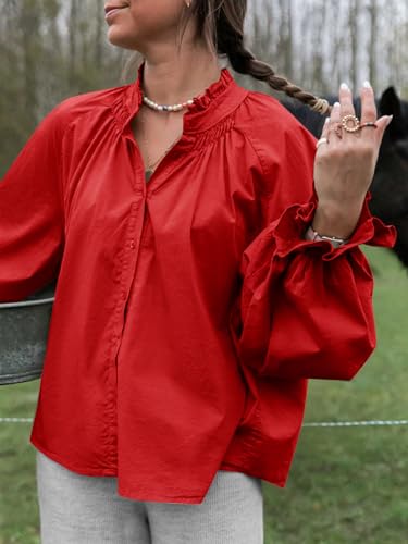 Tankaneo Womens Puff Long Sleeve Button Down Shirts Pleated V Neck Cotton Blouses Loose Fit Casual Ruffle Tops2