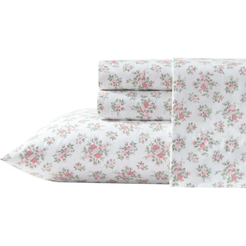 Image of Laura Ashley - Twin Size Sheet Set, Crisp & Lightweight Cotton Percale Bedding with Fitted Sheet and Pillowcase, Floral Room Decor, Deep Pocket, College Dorm Room Essentials (Leanna Rose Pink)