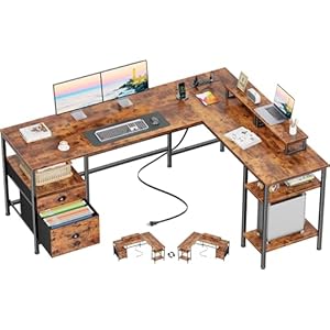 Furologee 66” L Shaped Desk with Power Outlet, Reversible Computer Gaming Desk with File Drawer & 2 Monitor Stands for Home Office with Storage Shelves, Rustic Brown