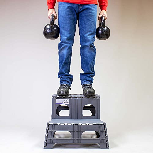 Bee Neat 2 Step Folding Step Stool For Adults And Kids - Foldable Stool For Office, Garage, Library, Closet, Bathroom And Porch – Collapsible Step Stool Ladder Supports 200Lbs - Gray #TOP3