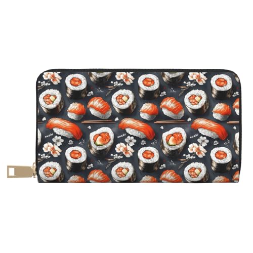 Cute Sushi Print Wallet Women Men, Long PU Leather Wallets for Women, Cute Womens Travel Wallet Purse Pouch with Zipper Pocket