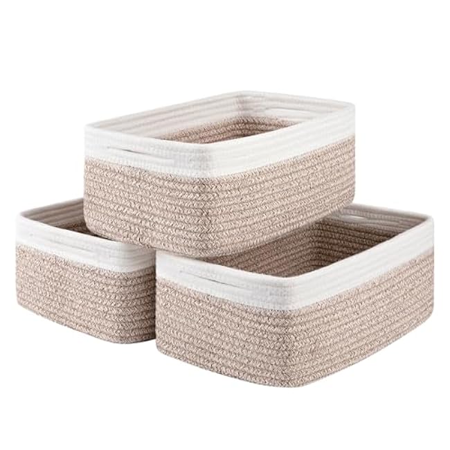3 Pack Small Storage Baskets for Organizing, Cute Woven Decorative Gift Baskets for Shelves, Mini Closet Organizer Bins with Handles, 11.81''Lx7.87''Wx4.72''H-Brown and White