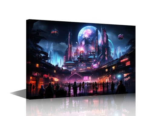 Toile murale cyberpunk ville néon tableau déco encadré 30x45