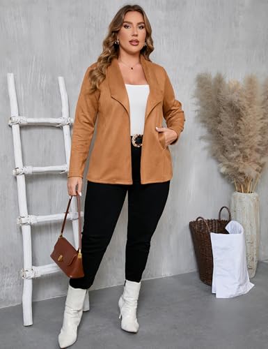 KOJOOIN Women Plus Size Faux Suede Jacket Cardigan Open Front Lapel Long Sleeves Cozy Blazer Coat with Pockets2