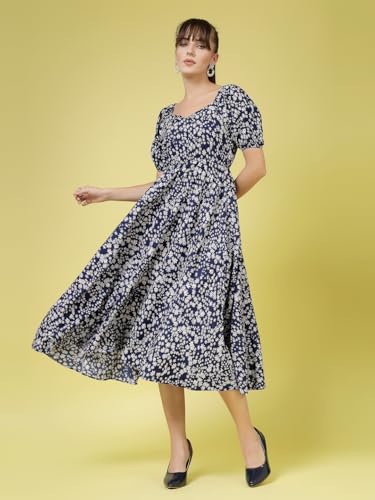 Image of OOMPH! Below Knee Shift Pink Dress in Crepe Fabric with Round Neck and Puff Sleeves - md619l