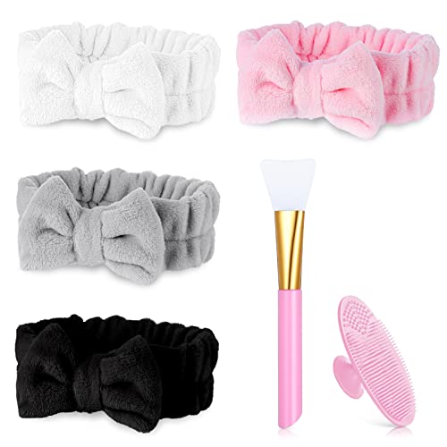 KroY PecoeD Bandeaux de Maquillage, 4 Pièces Bowknot Bandeaux de Lavage Femme Spa Bandeau Microfibre Bandeau Douche, avec Pinceaux Masques Visage & Brosse Nettoyante Visage Silicone