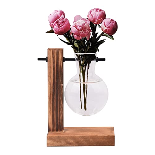 Magiin Florero de Vidrio Macetero con Soporte de Madera Jarrón de Vid
