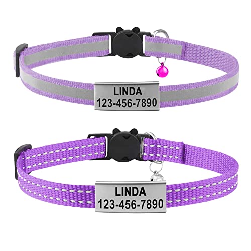 Cat Collar Personalized - Breakaway Reflective Cat Collar with Bell-Custom Cat Collars Engraved with Name and Phone, Adjustable for Cats and Kitten