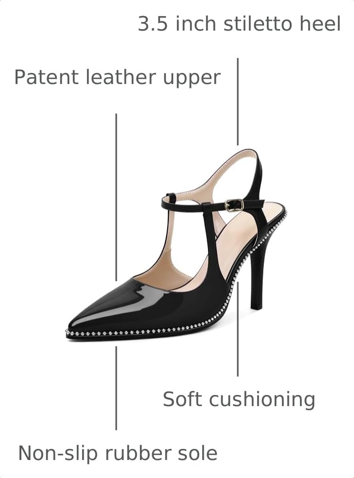 Image of SAMMITOP Womens High Heels Ankle Strap Pointed Toe Stilettos Patent Leather Beaded Pumps Dress Shoes 3.5 Inch