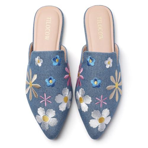 Image of Tilocow Women's Pointed Toe Flat Mules Backless Slip On Loafers