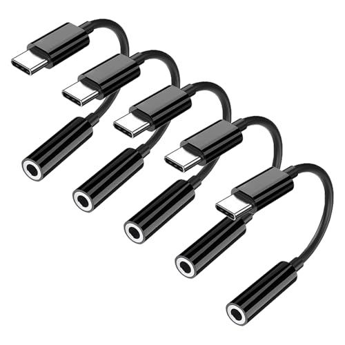 5 Pack USB C to 3.5mm Headphone Jack Adapter Type C Audio Aux Cable Dongle Compatible with iPhone 16/15/15 Plus/15 Pro/15 Pro Max/iPad/Pixel, Samsung Galaxy S23 S22 S21 S20 Ultra Z Flip/Note(Black)