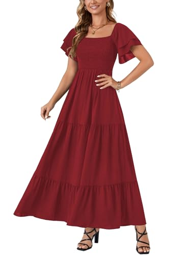 Image of LYANER Women's Square Neck Midi Dress | Summer Ruffle Short Sleeve Smocked Tiered Ruched Flowy A Line Party Casual Dresses