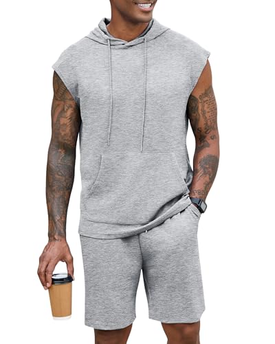 Uni Clau Men's 2-Piece Sleeveless Hoodie Shorts Gym Workout Set Summer