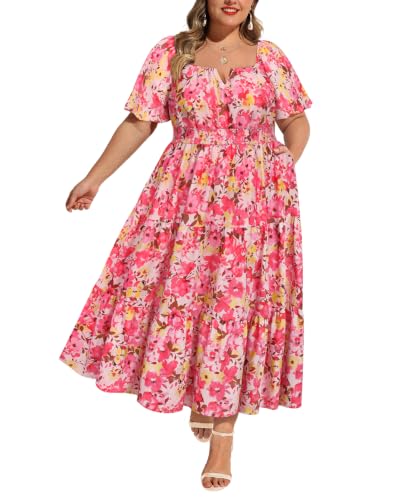 Image of RITERA Plus Size Dresses for Curvy Women Square Neck Short Sleeve Summer Floral Smocked Maxi Dress with Pocket XL-5XL