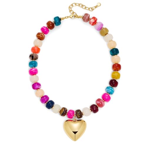WOWORAMA Colorful Chunky Beaded Heart Necklace for Women Boho Colored Resin Acrylic Beads Choker Necklace Trendy Chunky Puffy Heart Necklaces Statement Jewelry