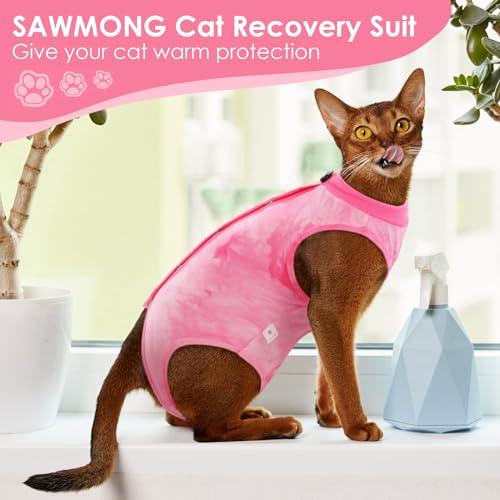 Image of SAWMONG Cat Surgery Recovery Suit,Breathable Cat Onesie After Surgery Spay Surgical,E-Collar Alternative Non-Lick Pet Body Suit Pink L