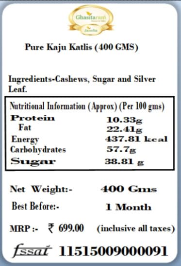 Image of Ghasitaram Gifts Rakhi Gifts For Brother Rakhi Sweets - Ghasitarams Pure Kaju Katlis Box 400 gms with Om Rakhi