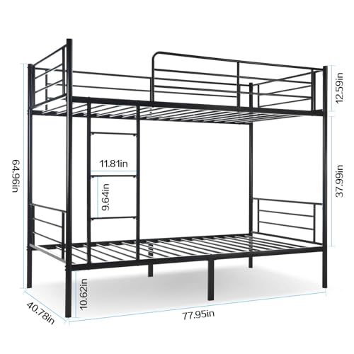Heavy Duty Metal Twin Over Twin Bunk Bed with Ladders & Guardrail, Black